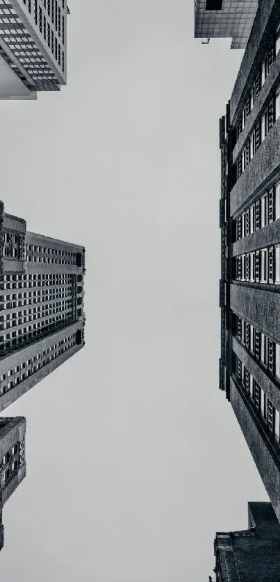 Monochrome view of urban skyscrapers against the sky.