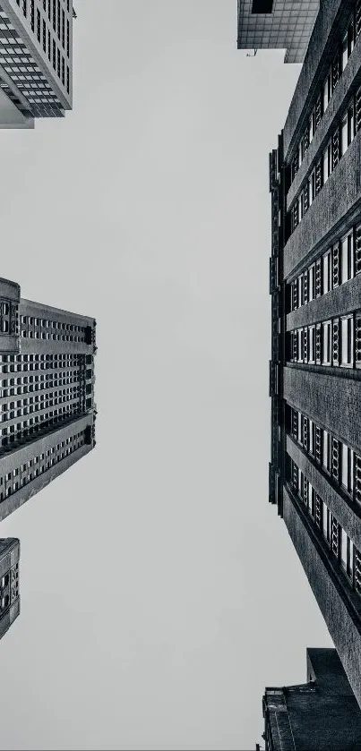 Monochrome city skyline with towering buildings against a gray sky.