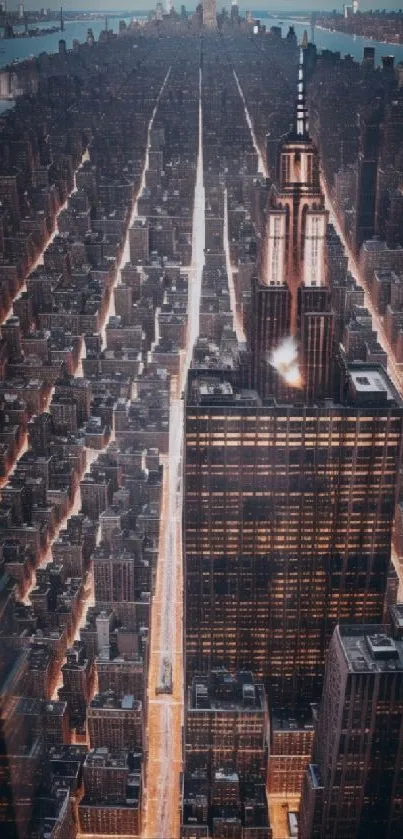 Aerial night view of New York City with illuminated skyscrapers.