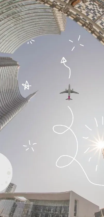 Artistic urban skyline with airplane and whimsical illustrations.