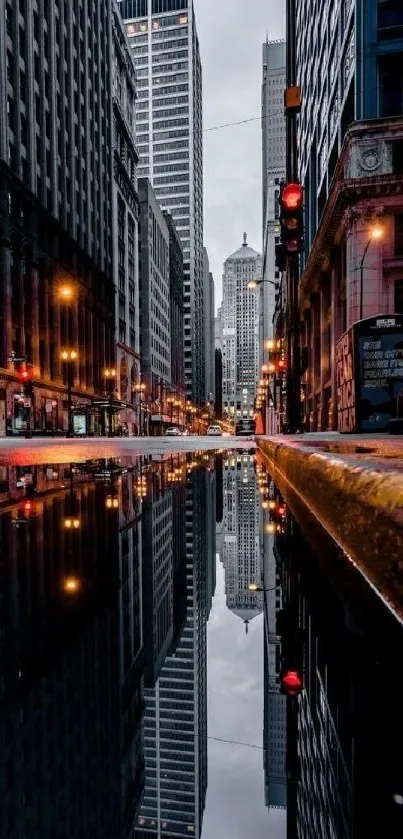 Urban cityscape skyline reflected in water at night.