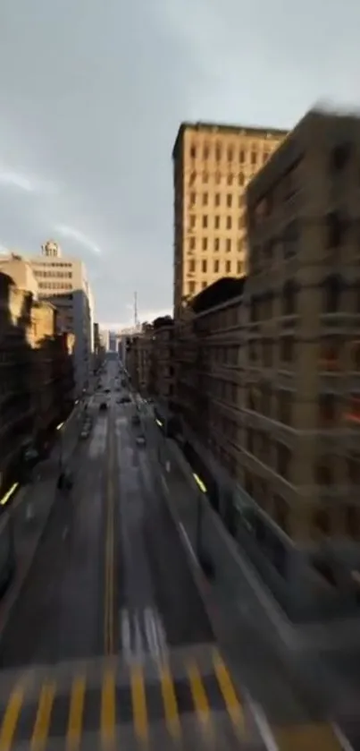 Speed blur of urban skyline with towering buildings.