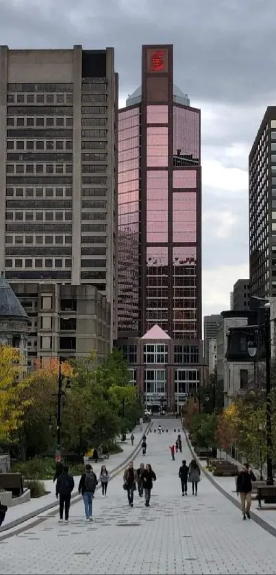 Urban skyline view with cloudy sky and pedestrians walking.