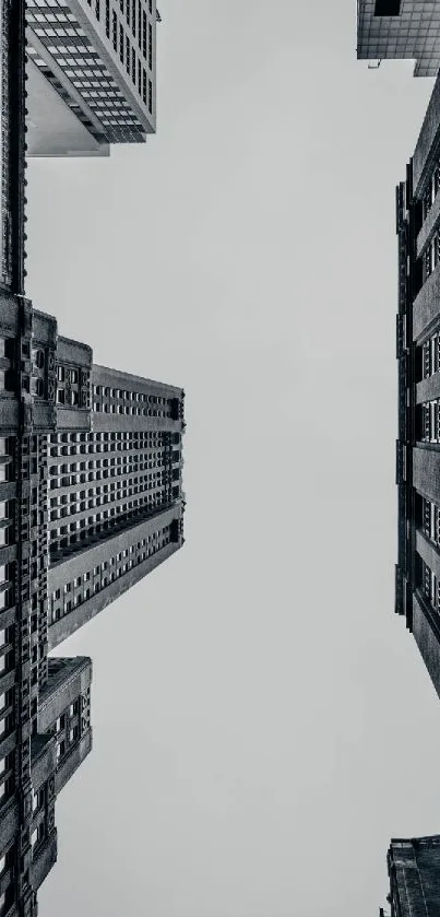 Monochrome skyline of tall urban skyscrapers against a gray sky.