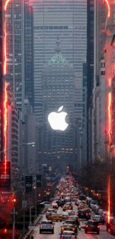 City skyline with Apple logo and busy street filled with taxis.