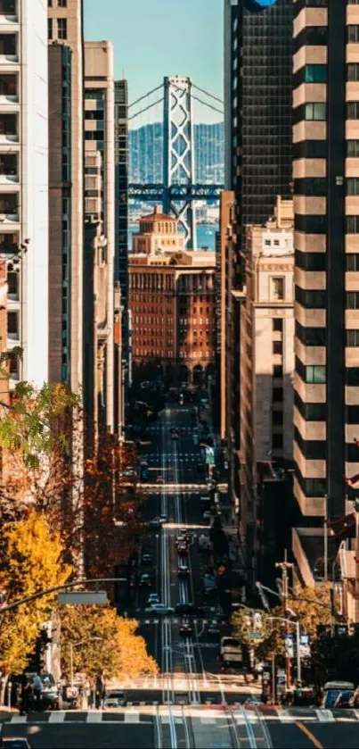 City skyline with bridge view on a sunny day.