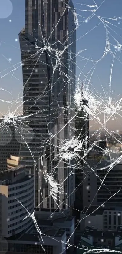 Urban skyline with cracked glass effect wallpaper.