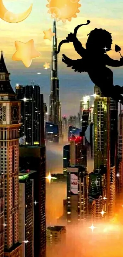 City skyline at sunset with cupid and stars.