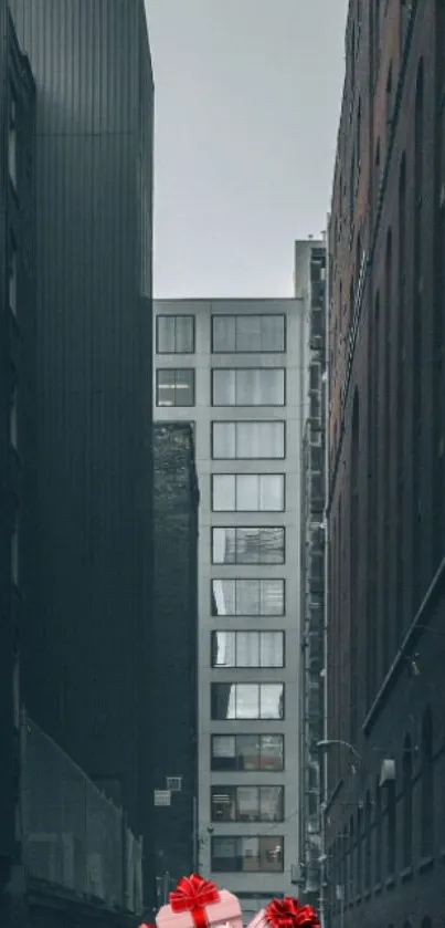 Urban alley with grey buildings and red gift boxes.