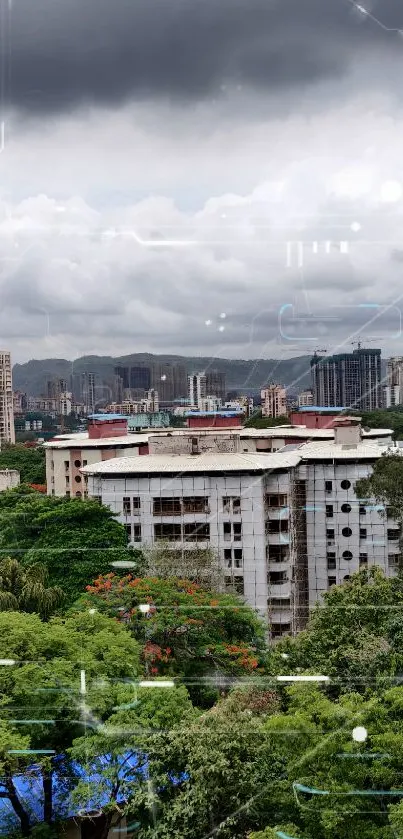 City skyline with lush green landscape under cloudy skies.