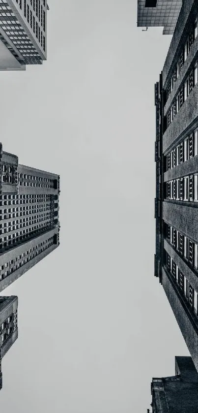 Upward view of towering skyscrapers in a monochrome city skyline.