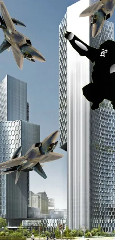 Dynamic cityscape with jets and skyscraper silhouette.