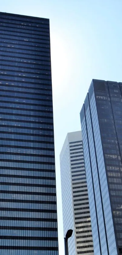 Skyscrapers against a bright blue sky in a dynamic cityscape.