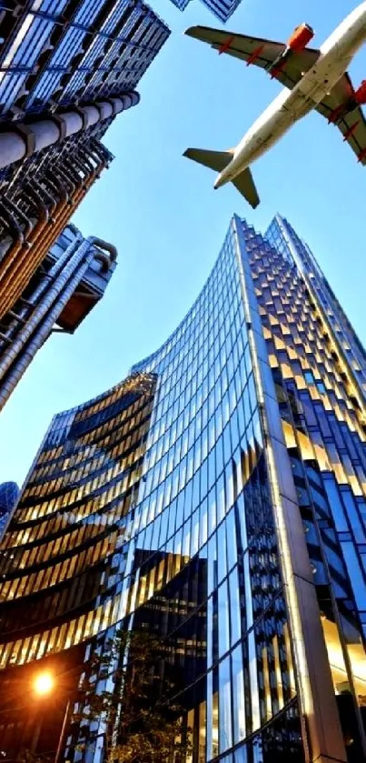 Flying airplane over urban skyscrapers against a clear blue sky.