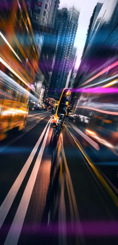 Dynamic urban cityscape with motion blur effect, capturing vibrant city lights.