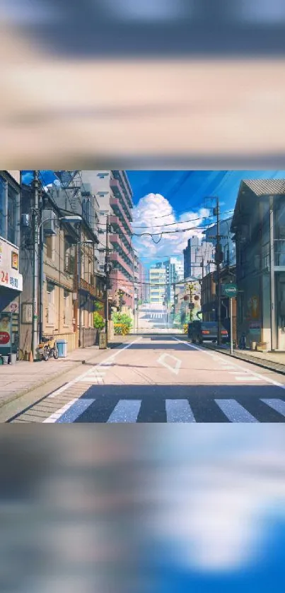 Anime street scene with blue sky, perfect for mobile wallpaper.