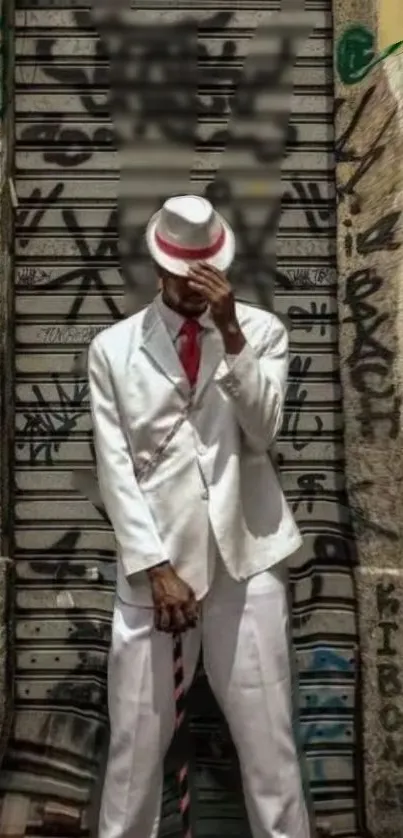 Stylish figure in white suit with graffiti background.