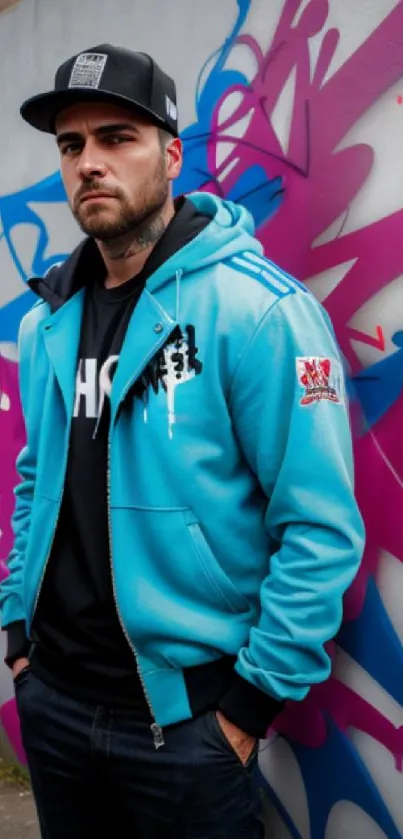 Man in blue hoodie with graffiti background.