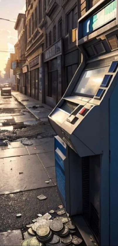 Urban street with lone ATM at sunrise.