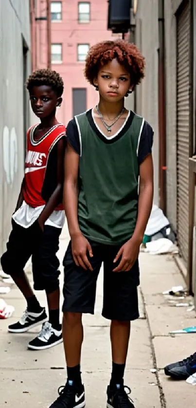 Two stylish kids in an urban alley. Vibrant tones and street style.