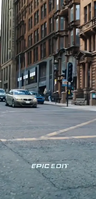 A bustling city street scene with cars and buildings.