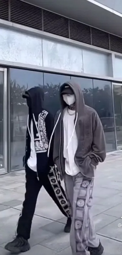 Urban street style duo in hoodies walking on a city sidewalk.