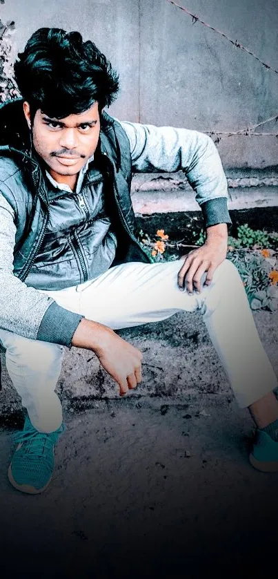 Stylish young man in urban streetwear sitting against a modern teal backdrop.