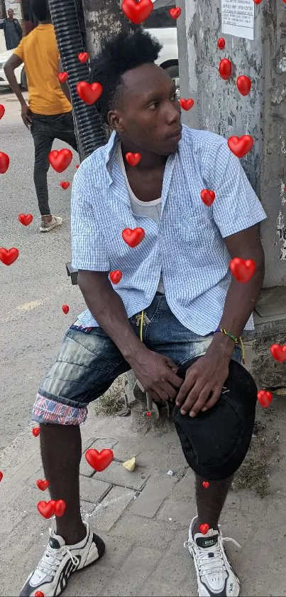 Man in casual streetwear sitting on an urban sidewalk.