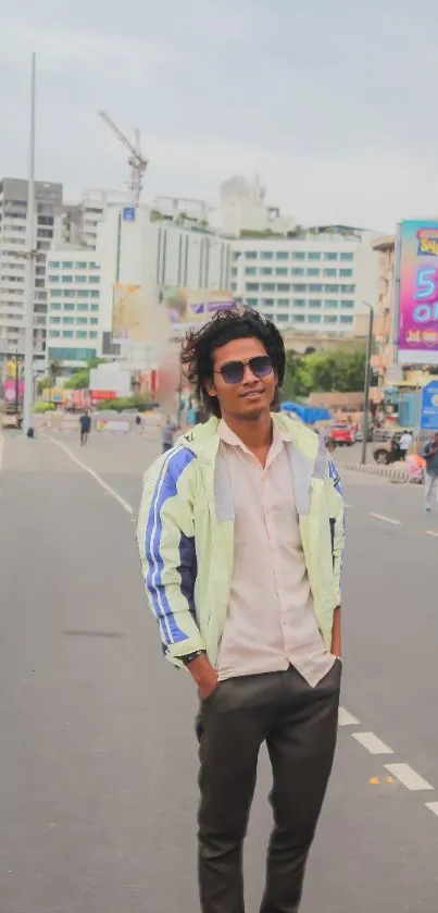 Man in urban street setting with stylish attire and cityscape in background.