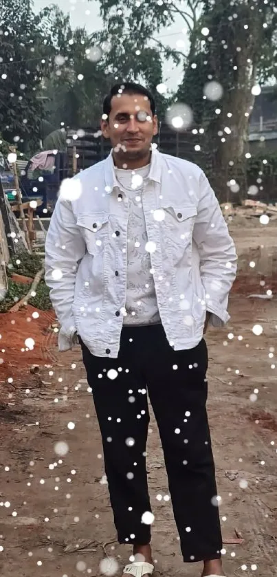 Man in casual outfit standing on urban street.
