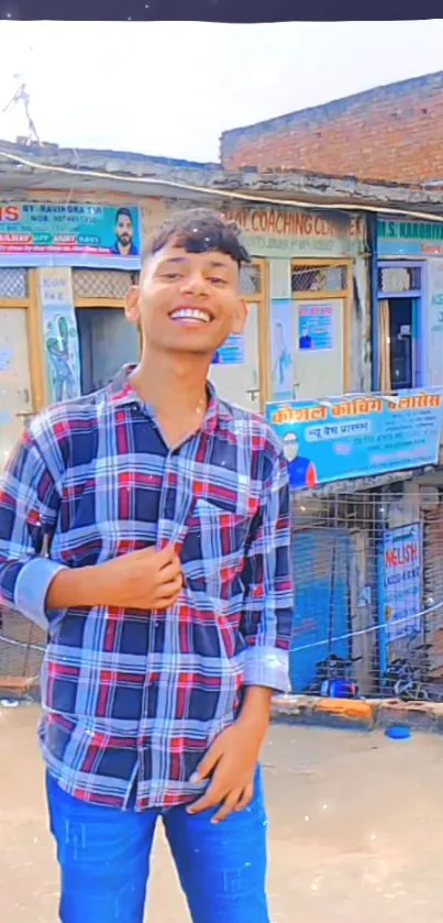 Smiling young man in urban street style with vibrant city background.