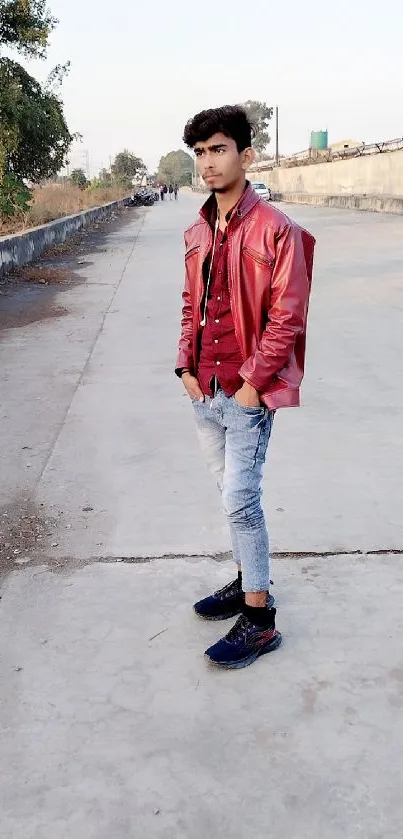 Person in red jacket standing on empty street.