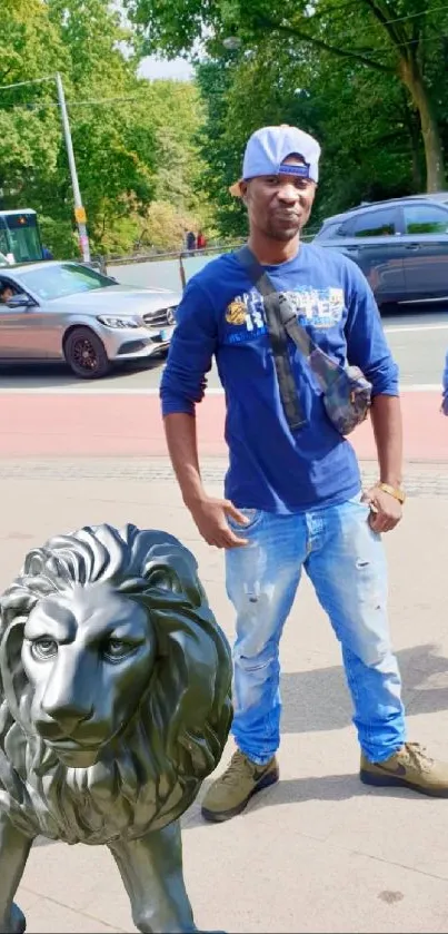 Urban style with lion statue in cityscape.