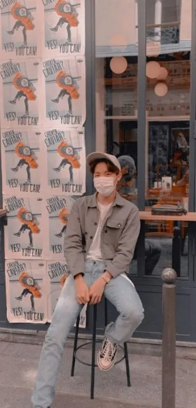 Person seated outside café with posters and glass windows.