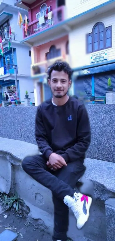 Casually dressed man sitting on a bench with urban backdrop.