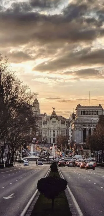 Urban street view at sunset under dramatic skies.