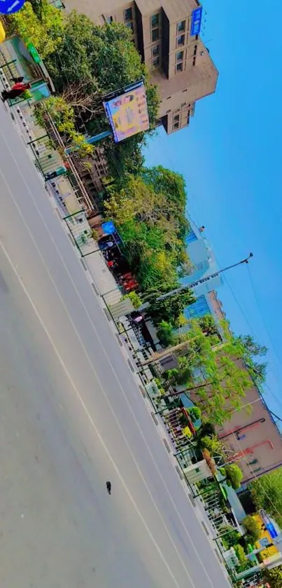 Urban street view with colorful buildings and greenery in bright daylight.