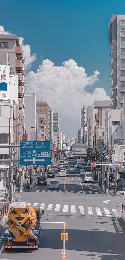 Urban street view with sky blue and city buildings wallpaper.