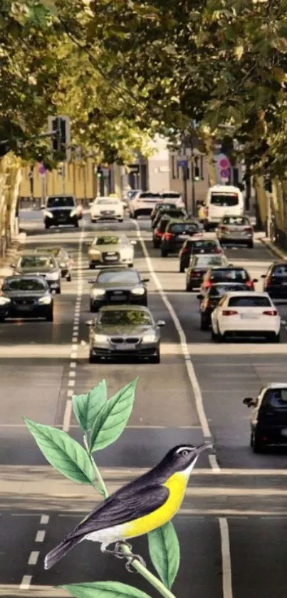 Illustrated bird on city street background with lush trees and cars.