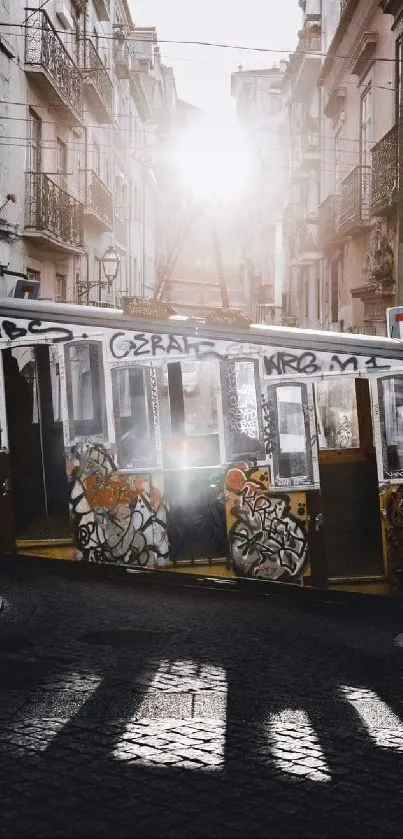 Graffiti-covered streetcar at sunrise on cobblestone street.