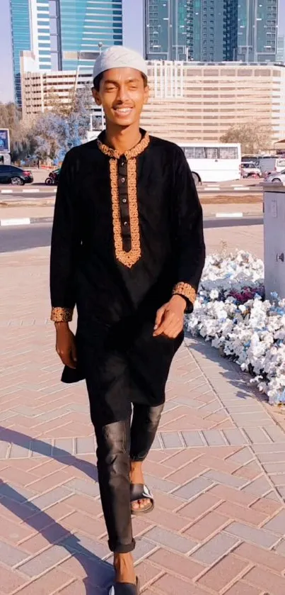 Man in black with cityscape background, exuding modern urban style.