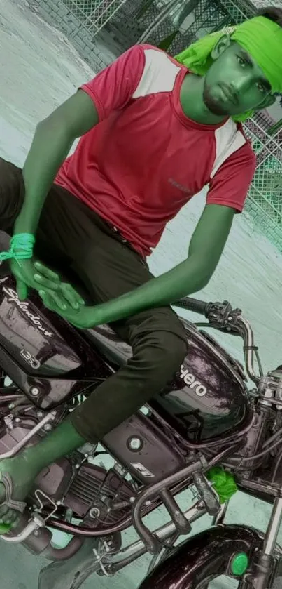 Man in red shirt on motorcycle with urban background.