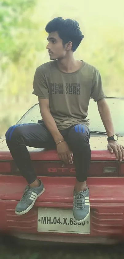 Young man sitting on red sports car in nature.