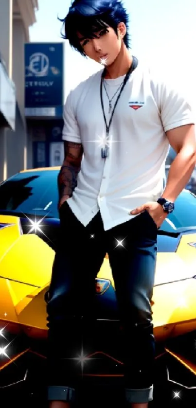 Stylish man with tattoo leans against yellow sports car in urban setting.