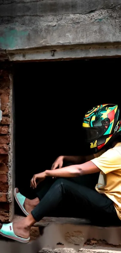 Person in a helmet sitting in an urban window frame with a black background.