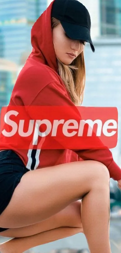 Stylish person in red Supreme hoodie with urban backdrop.