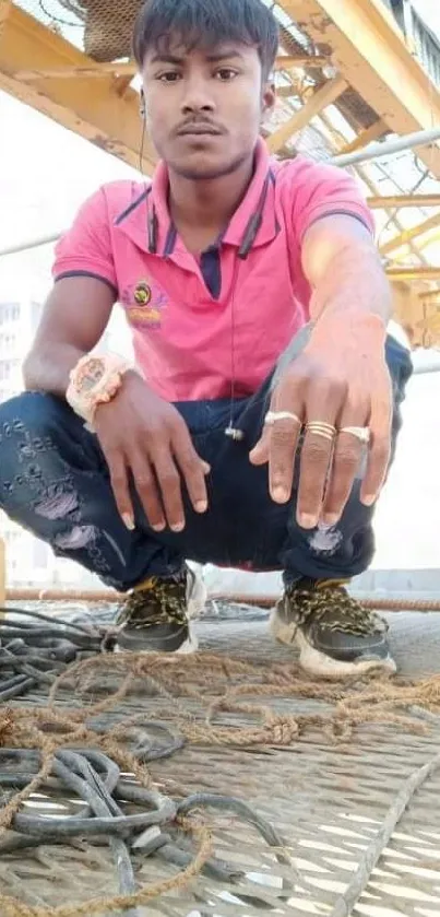 Man squatting in urban industrial setting with casual fashion.