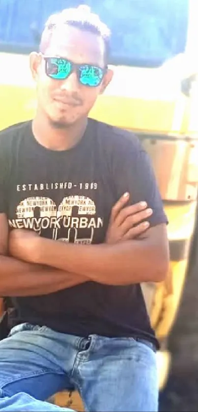 Casually dressed man posing outdoors with sunglasses.