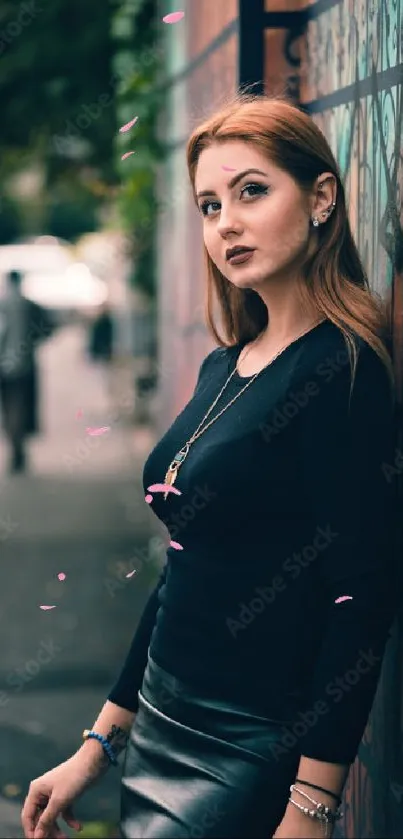 Urban fashion portrait with graffiti wall.