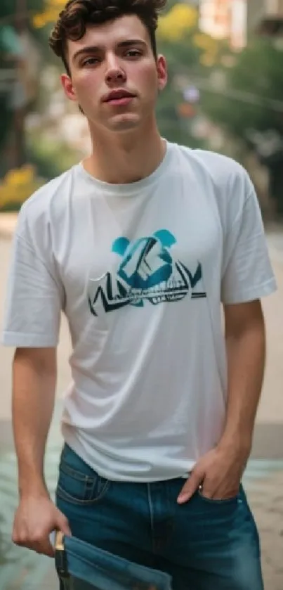 Young man in casual streetwear on urban background.